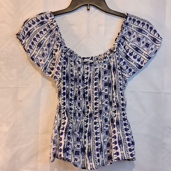 PATRONS OF PEACE BLUE/WHITE COUNTRY BOHO STYLE FLATTER SLEEVE TOP - SZ M NWOT - Picture 15 of 15